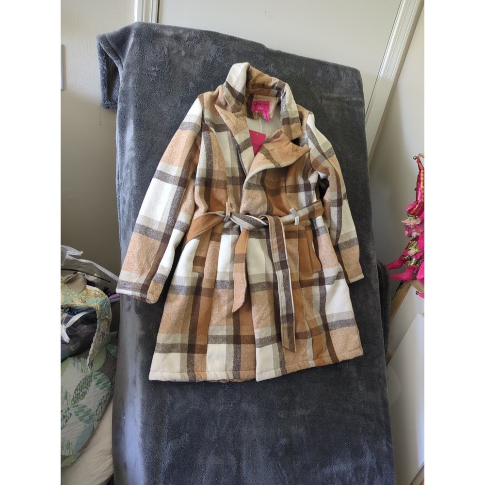 Patrona Womans Plaid‎ Taupe Fleece Lined Long Coat Sz. L